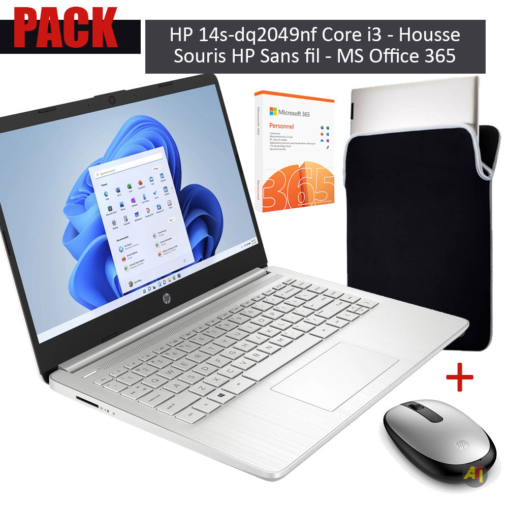PackHP14s 2 PACK - HP Laptop 14s-dq2049nf 14 Pouces Intel Core i3 8Go / 256Go SSD - Housse 14 Pouces - Souris sans fil - Office 365 Personnel