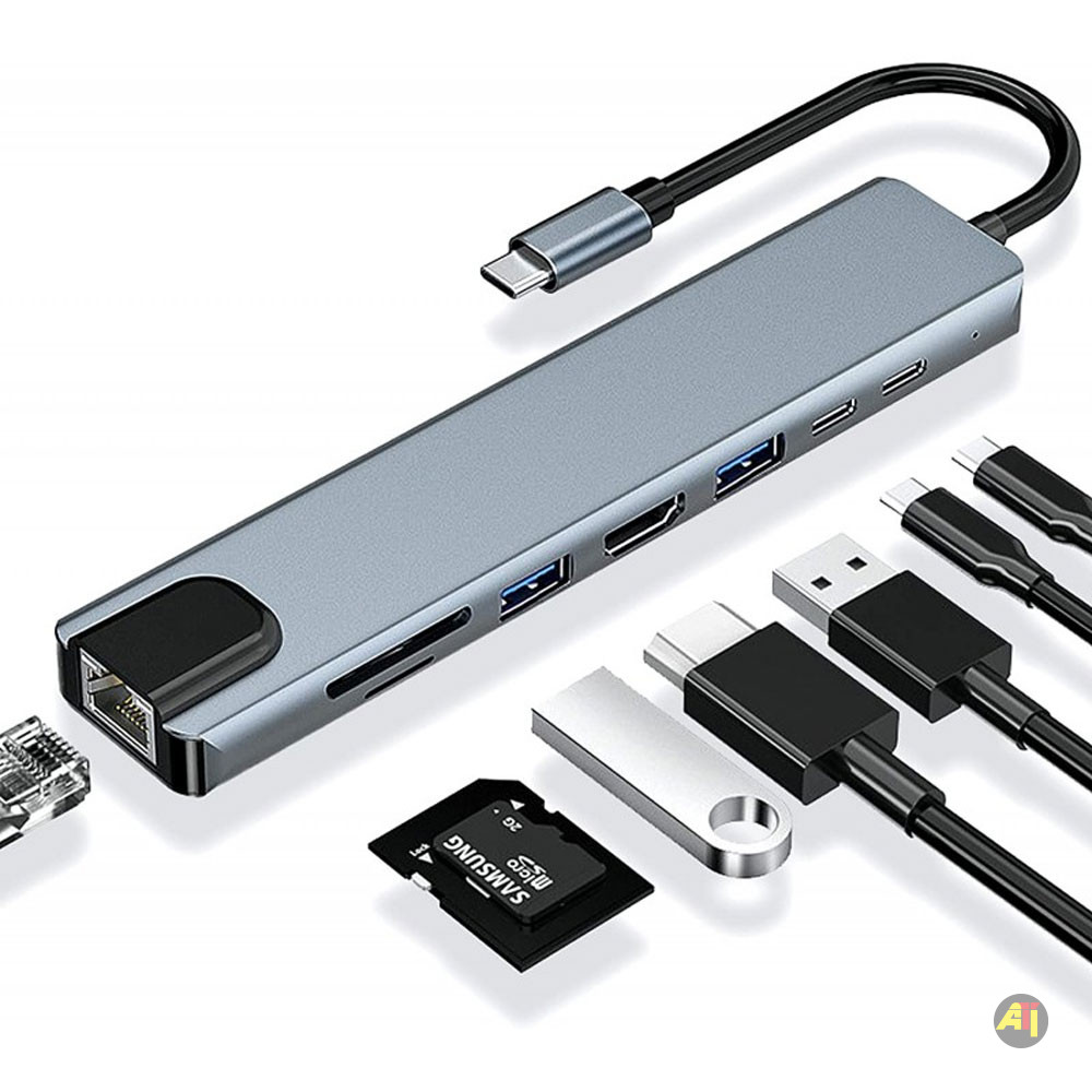 Adaptateur Hub USB-C 8-en-1 vers HDMI 4K, Ethernet RJ45, PD 87W, Port USB 3.0 et USB 2.0, Carte SD/TF, Type C