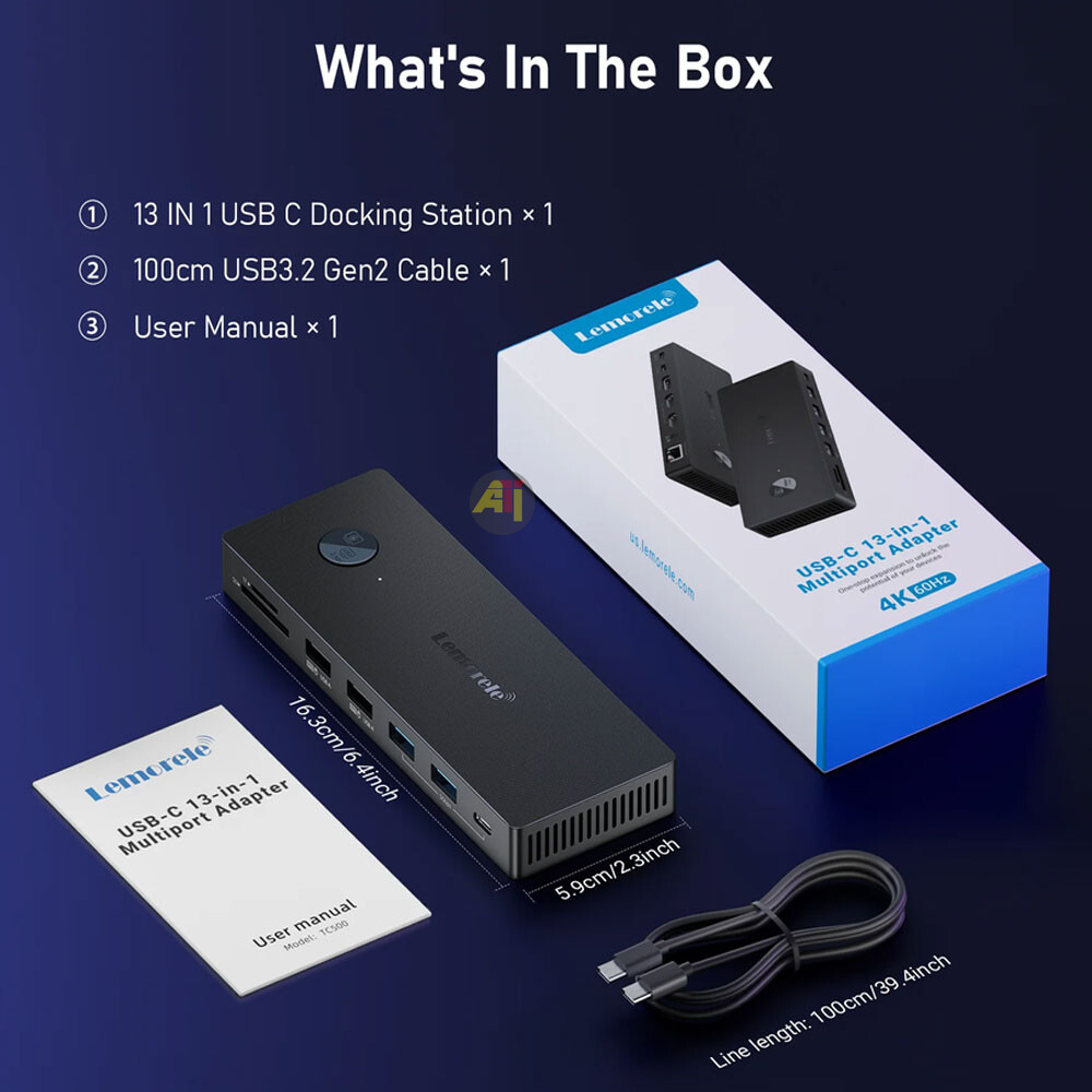 LEMORELE TC500 1 Lemorele TC500 - Station d'Acceuil 13-en-1, HDMI 4K 60Hz | USB-C PD, DP 1.2, USB 3.0, HDMI, SD, TF, RJ-45 Ethernet, 3,5 mm, USB Type-A – Image 4
