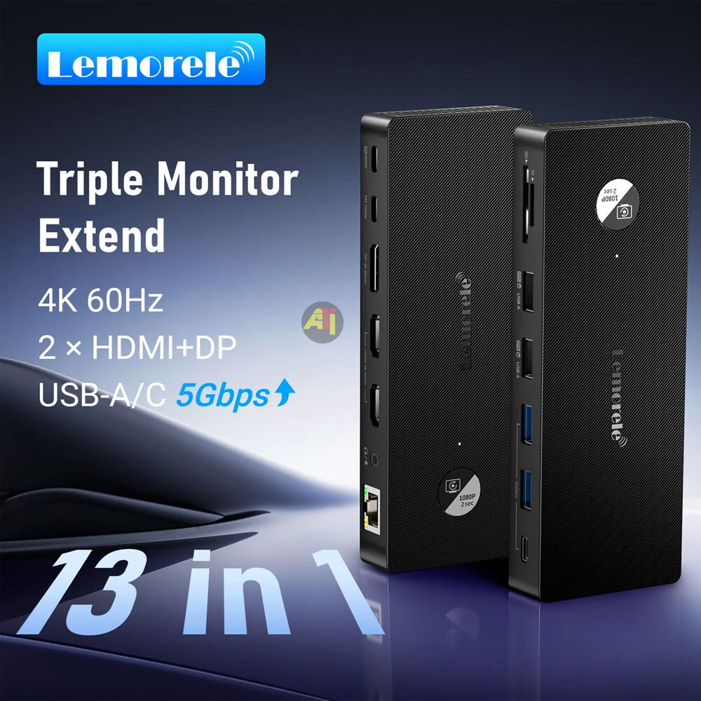 LEMORELE TC500 Lemorele TC500 - Station d'Acceuil 13-en-1, HDMI 4K 60Hz | USB-C PD, DP 1.2, USB 3.0, HDMI, SD, TF, RJ-45 Ethernet, 3,5 mm, USB Type-A – Image 2